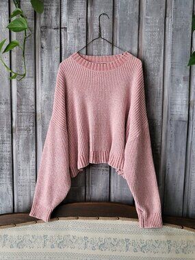 Pink Chenille Knit Cropped Sweater Ribbed Boxy Pullover Oversized Size Medium